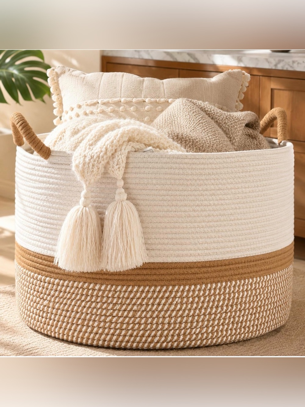 Bliss Two-Tone Woven Rope Basket in White & Tan Laundry Blankets Toys